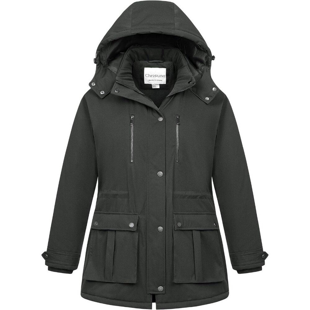 Women's Gray Waterproof Fleece Lined Detachable Hood Jacket Coat Winter Warm